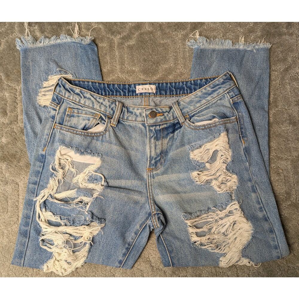 Cello Destroyed Ankle Jeans WOMENS JRS SIZE 7 Mid Rise Ripped Distressed Boho
